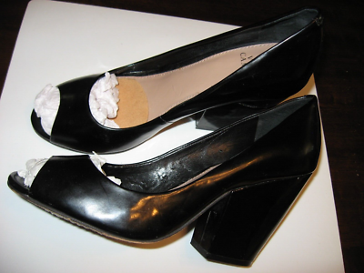 Vince Camuto,Black Patent Leather Pumps, Chunky Heels, Open Toe