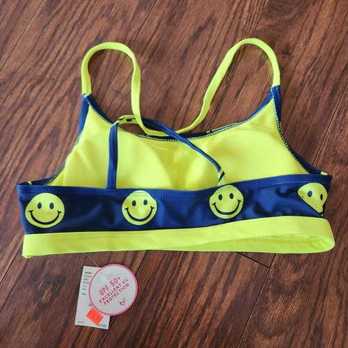 Justice 2 Piece Bikini Swimsuit Blue Yellow Smiley Face Girl's 14 UPF50+ NWT - Picture 7 of 12