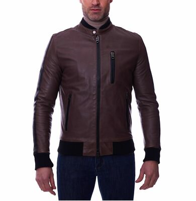 Men's Brown Leather Bomber Jacket Motorcycle Coat Stylish Real Lambskin Jacket