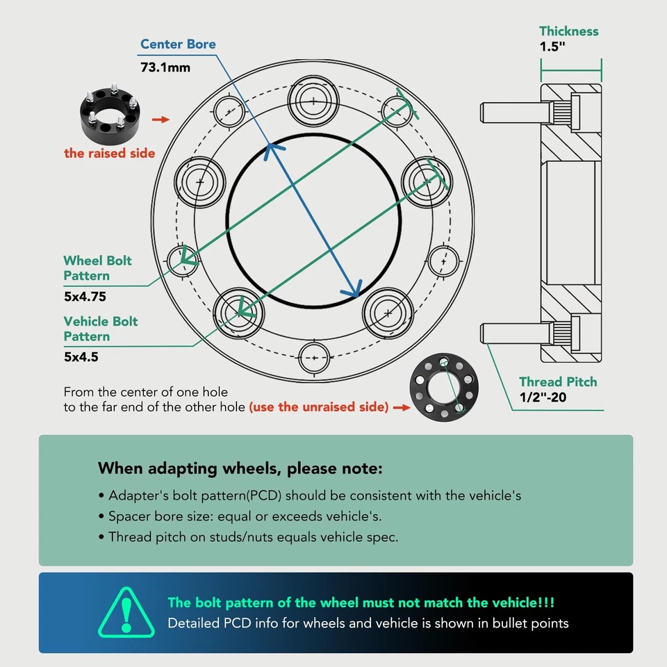4Pcs 5x4.5" to 5x4.75" Wheel Adapter 1/2"-20 73.1mm 1.5" for Ford Explorer Jeep - Image 2 of 4