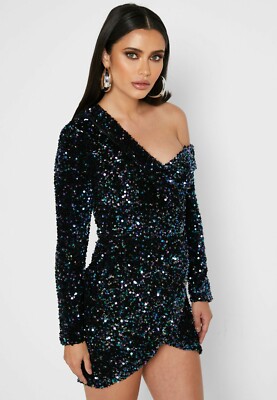 open lace back dress Lavish Alice Silver One Sleeve Bow Shoulder Sequin Mini Dress