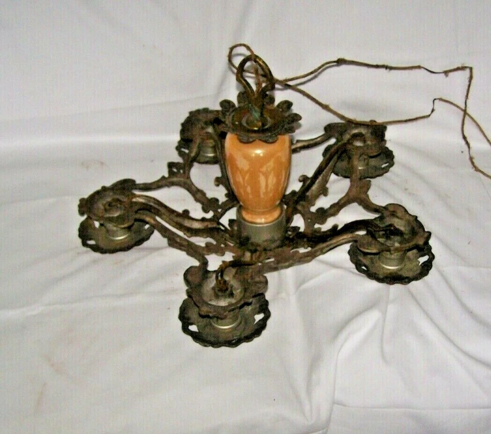 Antique Art Nouveau Cast Metal /Iron Polychrome Chandlier /Light Fixture 1920 #2 - Image 2 of 4