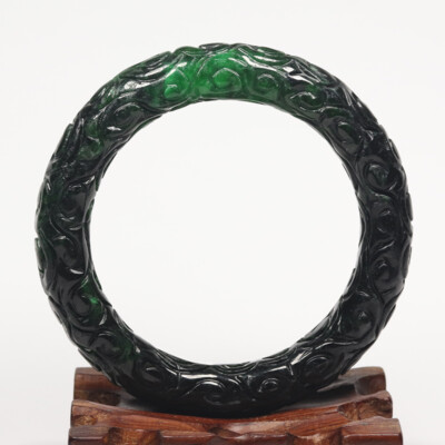 59mm Natural Black Green Jadeite Jade Bangle Bracelet Chinese Handcarved 13628
