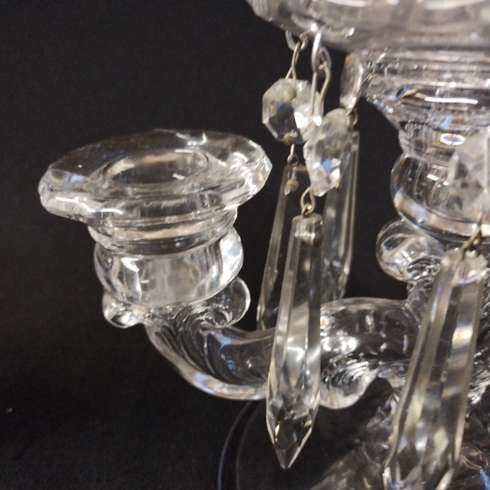 Vintage Crystal 2 Arm Candelabras Pair 3 Lights, Bobeches & 16 Prisms