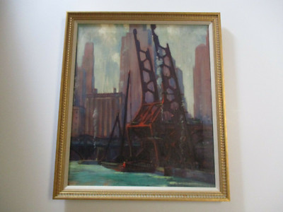 ANTON FISCHER ANTIQUE AMERICAN REGIONALISM PAINTING INDUSTRIAL MARINA PORT WPA