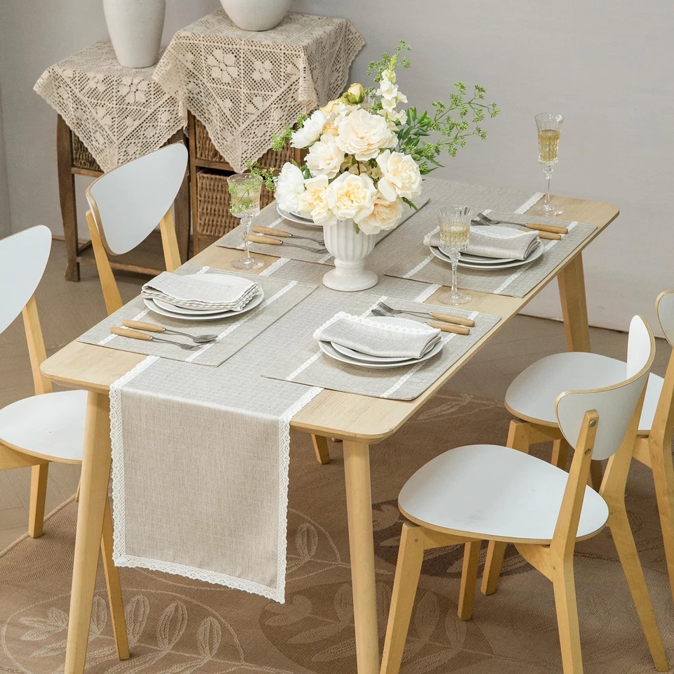 Lace Trim Linen-Look Textured Rustic Washable Table Runner Decorative Long Ta... - Image 4 of 4