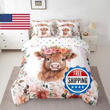Feelyou Cute Highland Cow Bedding Set Twin Size 7 Pieces Cartoon Animal Comforte