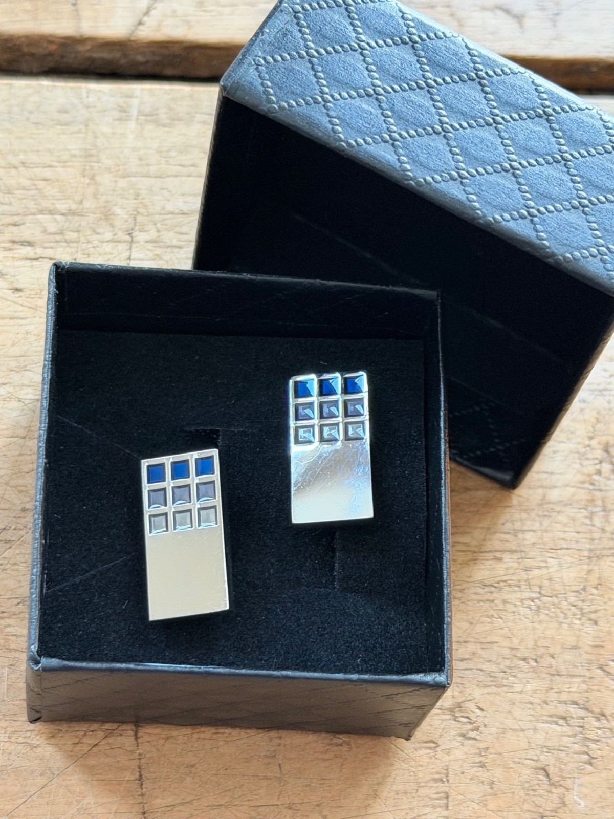 Silver Rectangle Blue Grid Design Cufflinks In Qu… - image 3