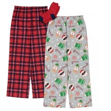 Boys Christmas Santa Snowman Pajama Pants 10/12 Gray Red Lounge  Socks 3 Pc