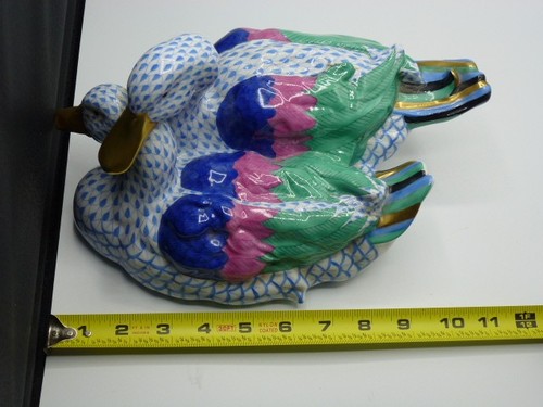 Herend Blue Fishnet Loving Ducks Hand Painted w/24k Medium Size 11”Perfect! - Picture 5 of 14