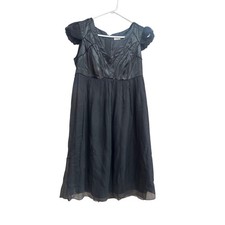 Leon Max Limited Edition Black 100% Silk Empire Waist Ruffle Cap Sleeve Dress M