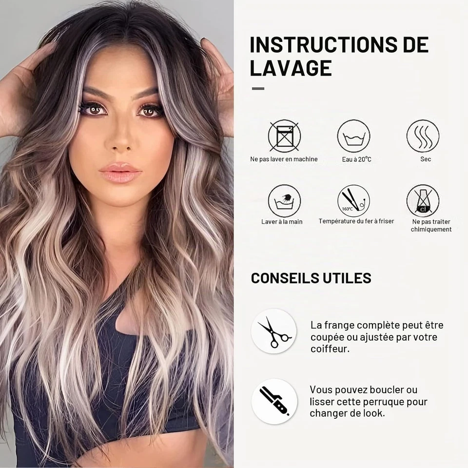 Perruque Femme Ondulée Longue Ombré Noir Gris - Thermorésistant - 22 pouces 7743 - Photo 3/4