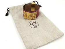 HERMÈS Collier de Chien Cerise Rouge Cuir Métal Doré Bracelet Poignet 18cm av...