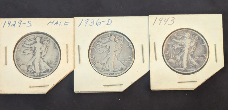 Three Walking Liberty Halves 1929S 1936D 1943P