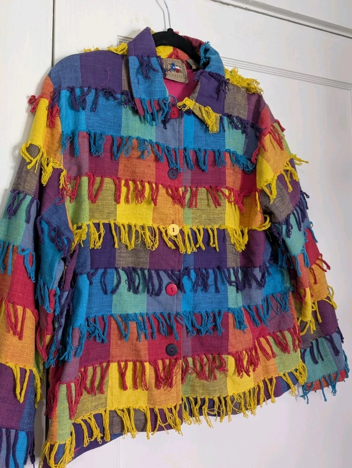 Vintage 90s Rainbow Patchwork Fringe Jacket M “Don’t Mess With Texas” India Rare - Image 2 of 4