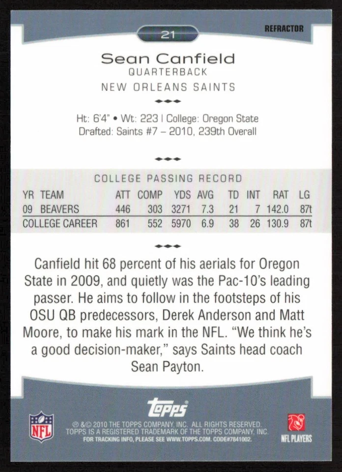 2010 Topps Platinum Rookie Red Refractors #/25 Sean Canfield #21 Rookie Saints - Image 2 of 2