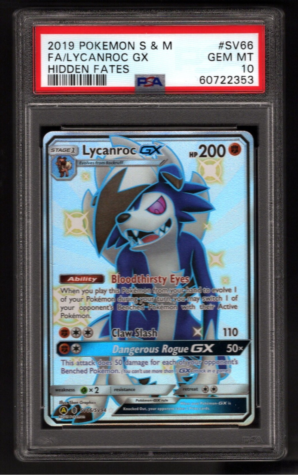 2019 POKEMON SUN & MOON HIDDEN FATES #SV66 FULL ART/LYCANROC GX PSA 10