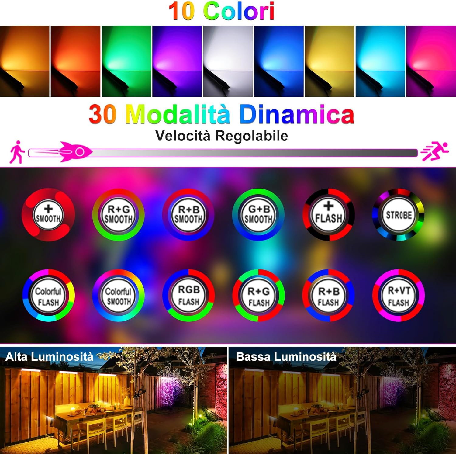 Faretto Solare Esterno RGB 10 Colori 30 Modalità Giardino IP65 - 4