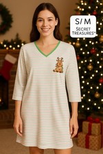 Secret Treasures Christmas Nightgown S  M Reindeer Lighten Up 3/4 Sleeve Striped