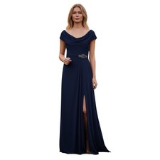 ALEX EVENINGS Cowl Neck Beaded Waist Maci Gown, Sleeveless, Navy Blue, Sz 8