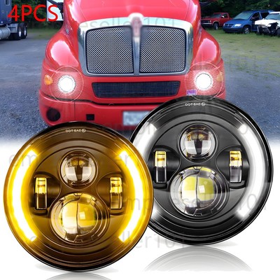 Pair 7'' Round LED Headlights High/Low Sealed Beam For Kenworth T2000 1997-2011