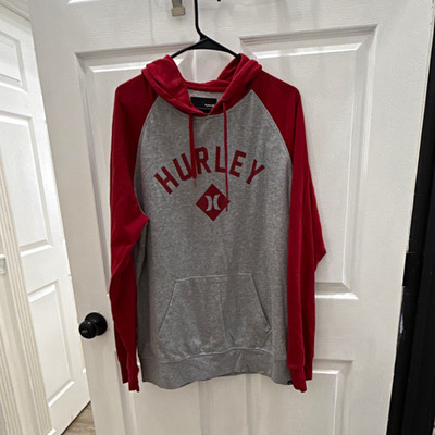Hurley Men's L Gray/Red Fleece Pullover Hoodie Raglan Logo Graphic Pockets