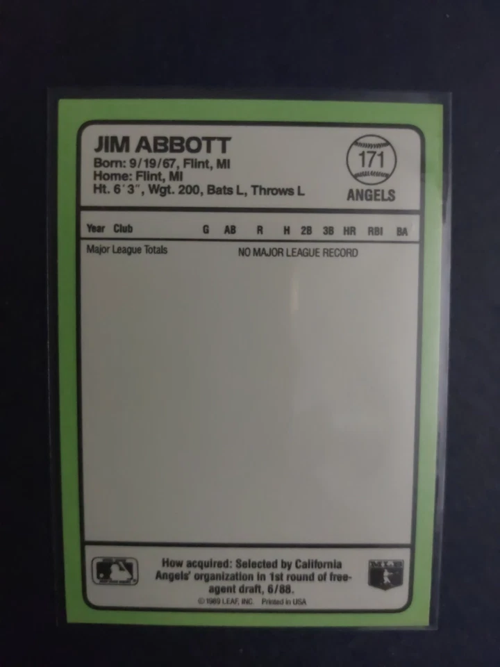 1989 Donruss Jim Abbott #171 Rookie - Image 2 of 2