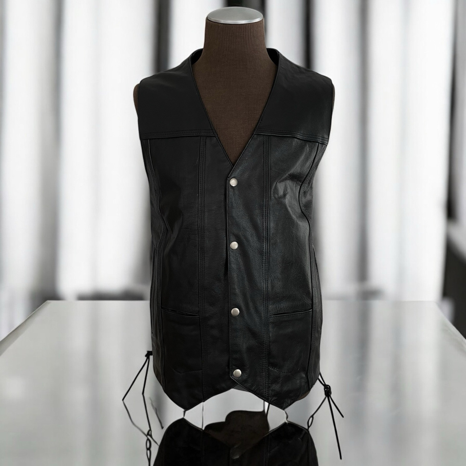 Unik Premium Black Leather Vest Size 2XL W/Side Laces Snap-up | eBay