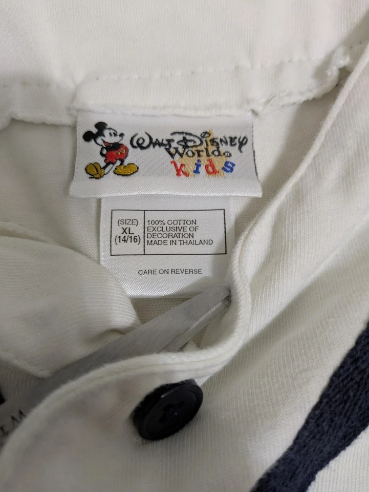 Camiseta de béisbol Disney Mickey Mouse juvenil XL blanca azul marino parche 1928 niños Foto 3 de 4