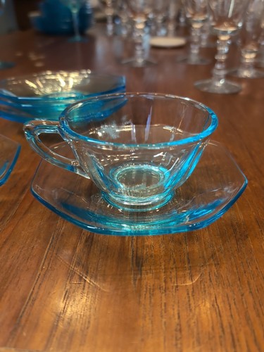 Pair 2x Hazel Atlas Octagonal Capri Blue Cup and Saucer Vintage Glass Extras - Picture 2 of 10