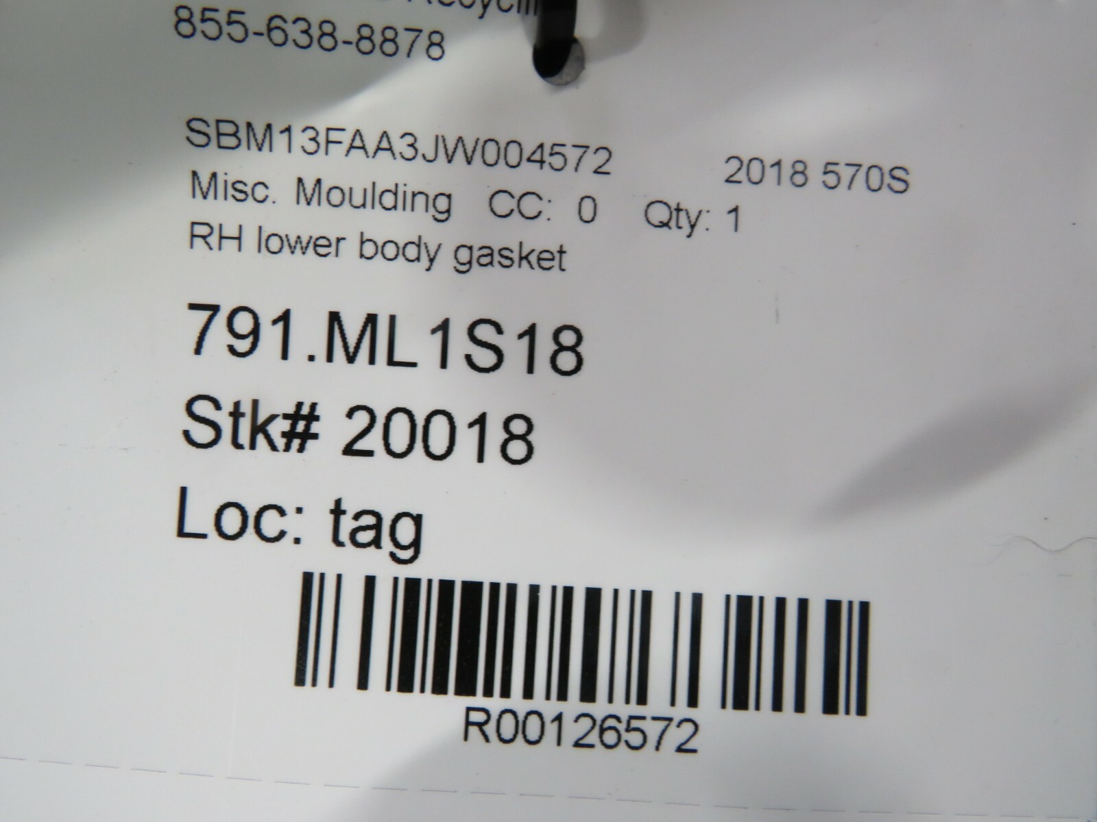 Mclaren 570s, RH, Right, Lower Body Gasket, Used 