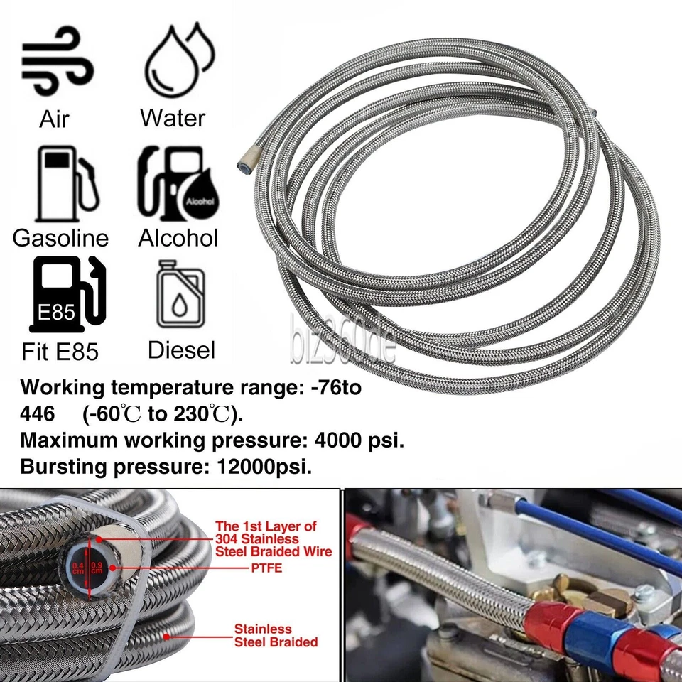Dash AN4/6/8/10 PTFE Stahlflex Kraftstoffleitung Ölschlauch Benzin + Alu Fitting - Bild 3 von 4