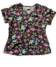 Barco Juniors Brown With Colorful Floral Pattern Scrub Top. Women Size Medium.