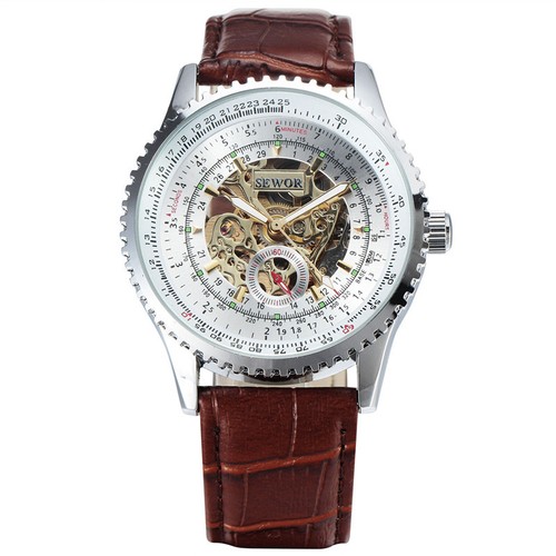 Reloj Sewor Esqueleto Mecánico Automático Para Hombres Moda Caballeros Plateado Analógico Nuevo - Imagen 6 de 13