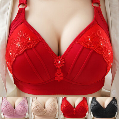Women Deep-V Lace Full Coverage Bra Gather Wireless Push Up Bralette Underwear 