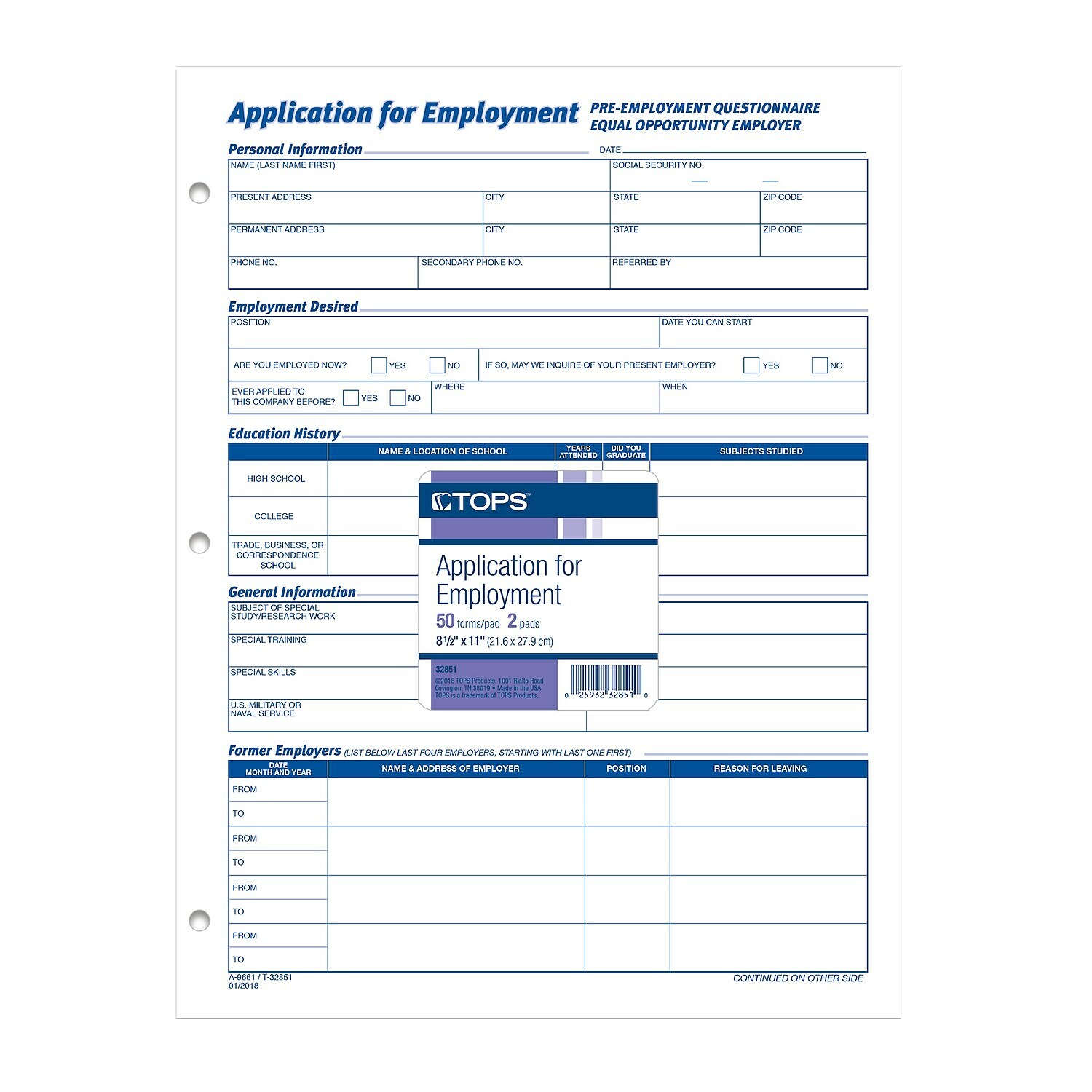 TOPS Employee Application Form 8 3/8 x 11 50/Pad 2/Pack eBay