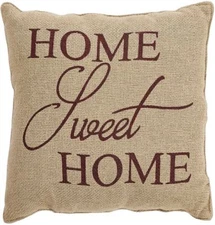 12" Home Sweet Home Throw Pillow Burgundy Red Stenciled on Natural Cotton Burlap