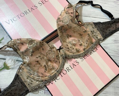 Victoria's Secret Dream Angels Floral Embroidered Unlined Plunge Bra Gold 34DD - Picture 1 of 4