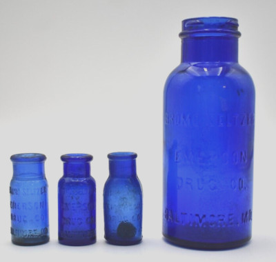 Lot of 4 Cobalt Blue Bromo Seltzer Emerson Baltimore MD Bottles 2.6'' & 6 1/2''