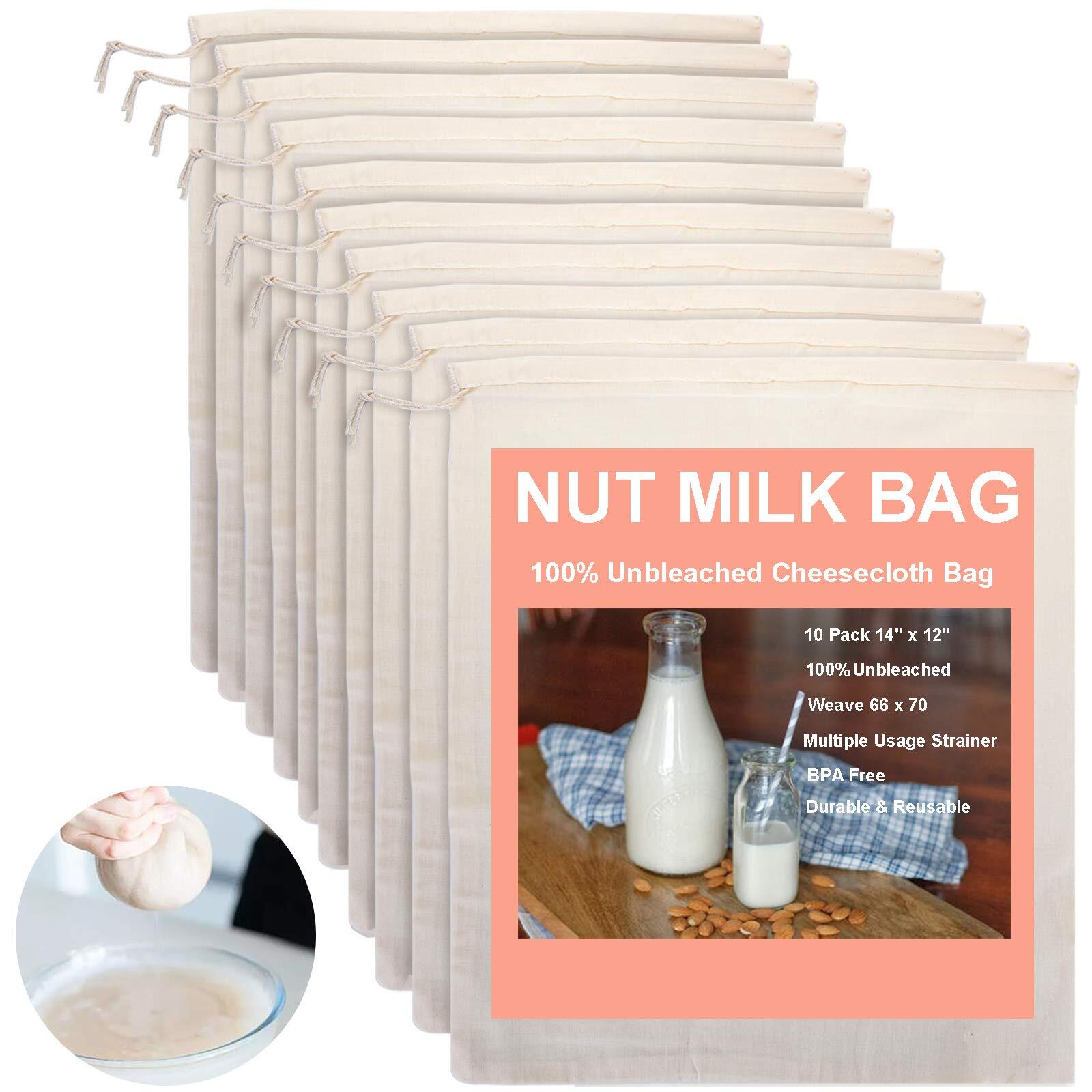 10-Pack 14x12 Unbleached Nut Milk Cheesecloth Bags for Filtering
