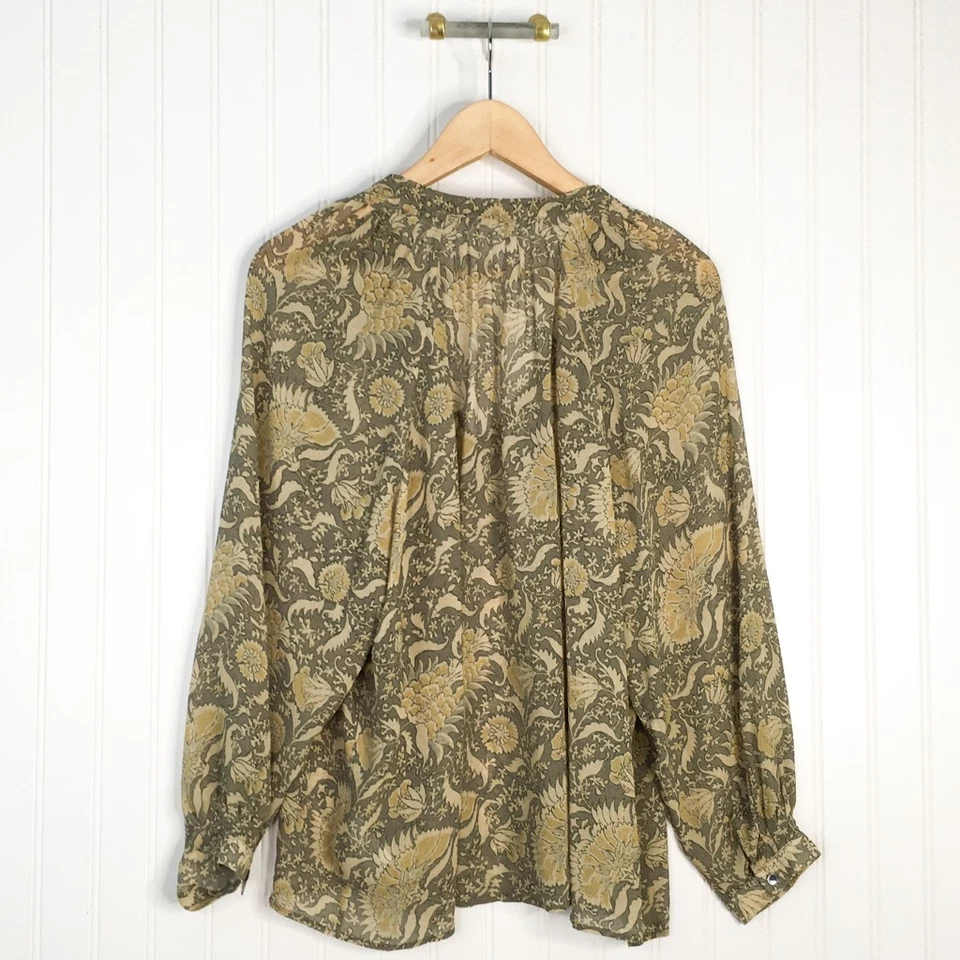Vince Womens Blouse Green Tan Floral Long Sleeve Button Cuff Notch Neck Silk M - Image 2 of 4