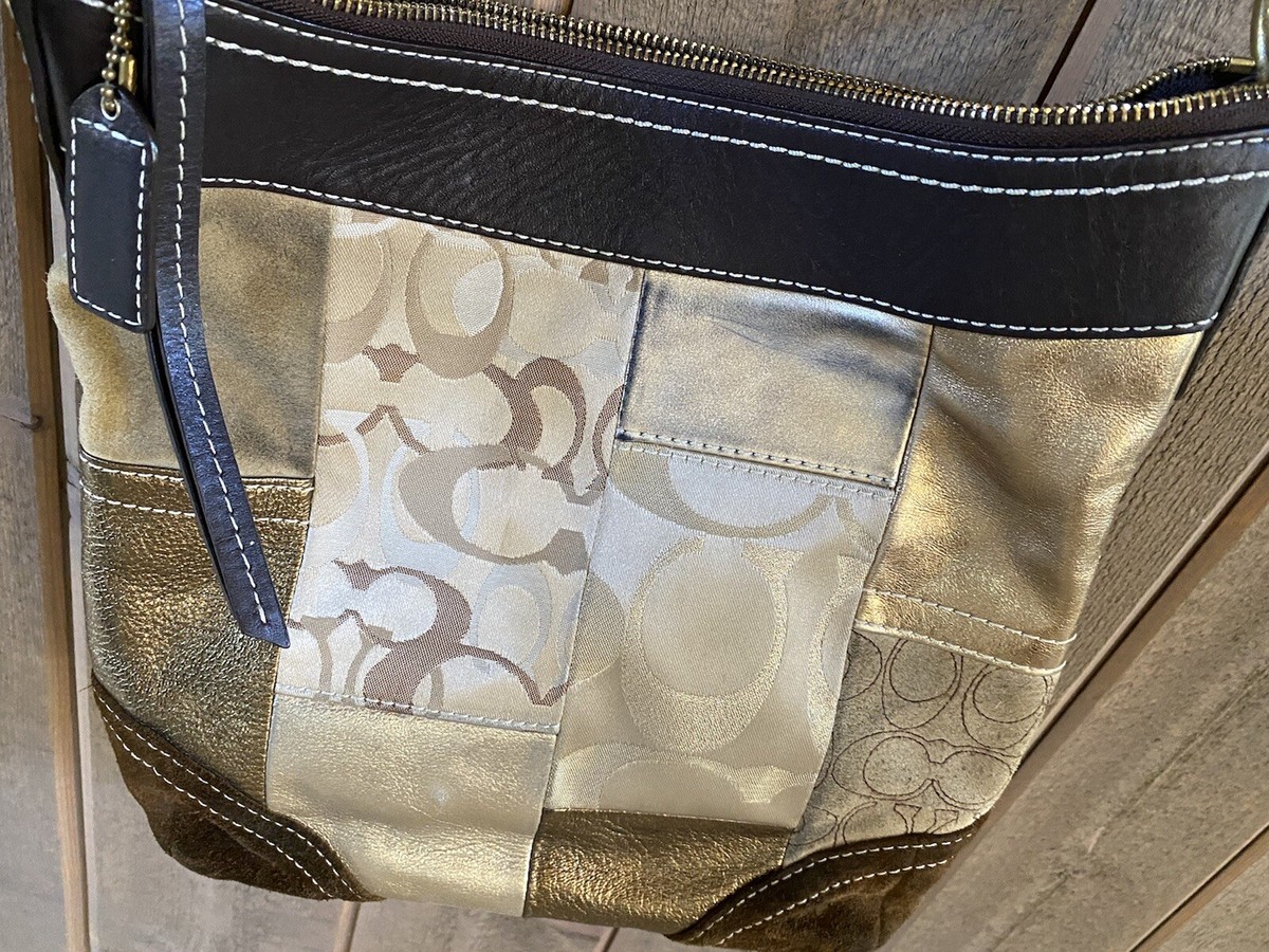 バッグ COACH Patchwork Signature Handbag Beige Coach Beige Gold Metallic Patchwork Leather Tote Crossbody