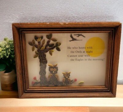 Kitschy Paper Owl Art Rolled Paper 1960s Framed Wood Hoots Night Soar Eagles
