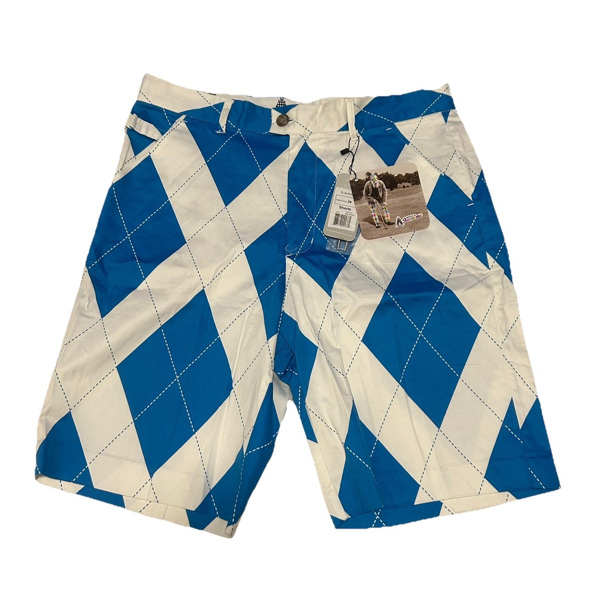 Royal Awesome Golf Shorts Men 34 Blue White Diamond NWT Antrews 10”  Inseam - Main Image