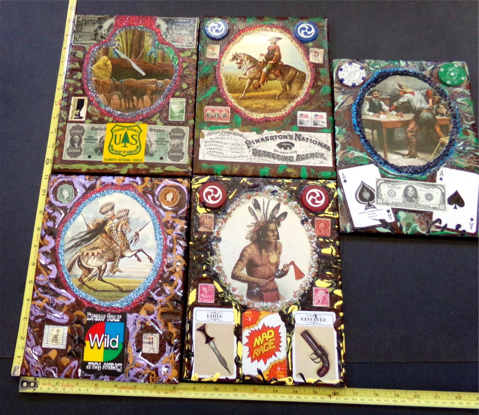 JUEGO ÚNICO DE 5 PIEZAS A JUEGO Libros de Colección Salvaje Oeste EE. UU. Lote de Collage de Arte Original Foto 3 de 4