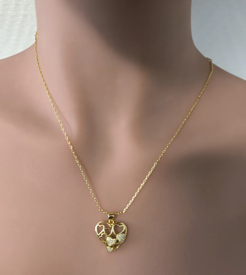Collier - Femme - Pendentif - Coeur - évidé - Cristal - Plaqué Or Jaune 585/1000 - Photo 3/4