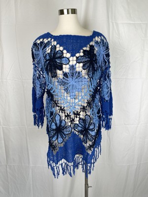 Handmade Blue Floral Crochet Mesh Dress Cover-Up Boho Festival Fringe Retro