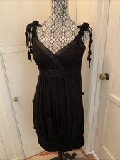 Sue Wong Black Silk Dress Rosettes Sequin beads Straps  Y2K