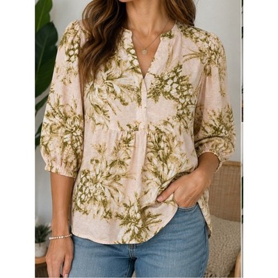 Panama Jack Linen Blend Tropical Pineapple Print Blouse Large Puff Sleeve Boho