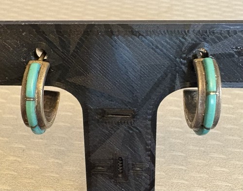 Zuni Signed W J Panteah Sterling Silver Turquoise Inlay Semi Hoop Post Earrings